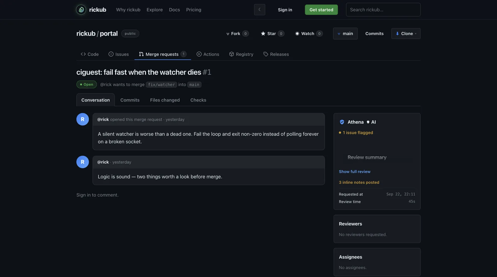 A merge request with the Athena AI review panel