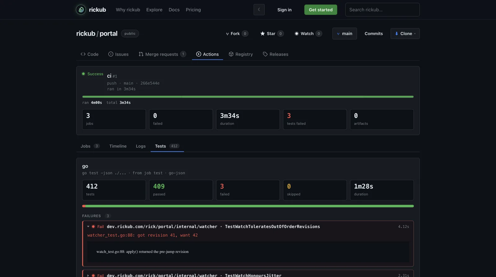 A CI run page with jobs, logs and a tests tab