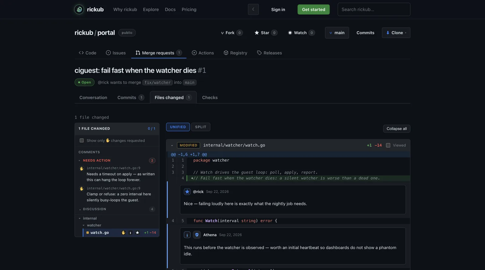 A merge request diff with inline review comments